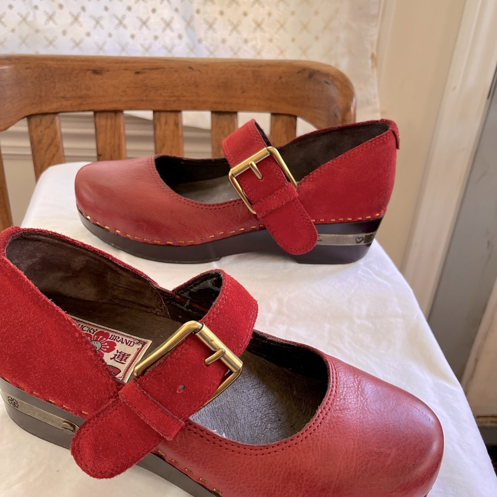 Lucky Brand Shoes Red Leather and Suede with Gold Buckle Mary Jane/ Clog Style